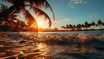 AI generated Tropical sunset, palm tree, water, sand, relaxation generated by AI photo