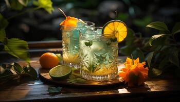AI generated Fresh citrus fruit on wooden table, refreshing summer drink generated by AI photo