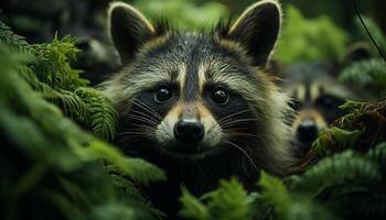 AI generated Cute small raccoon sitting in the green grass generated by AI photo