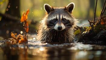 AI generated Cute raccoon looking at camera in the forest generated by AI photo