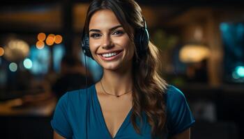 AI generated Young woman smiling, looking at camera, wearing headphones generated by AI photo