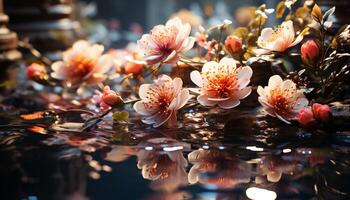 AI generated Beautiful lotus flower reflects tranquility in nature generated by AI photo
