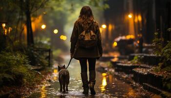 ai generado uno persona caminando al aire libre con su perro generado por ai foto