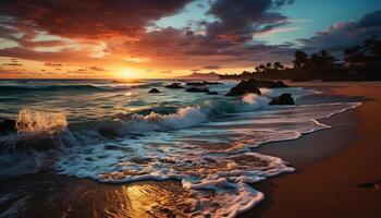 ai generado puesta de sol terminado el tranquilo línea costera, naturaleza reflejado generado por ai foto