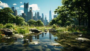 AI generated Skyscraper reflects in tranquil pond, nature beauty generated by AI photo