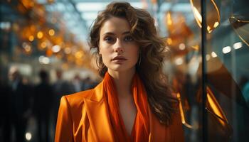 AI generated Young woman, confident, fashionable, walking in the city generated by AI photo