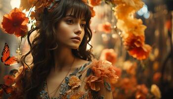 AI generated Young woman in nature, smiling, looking at camera generated by AI photo