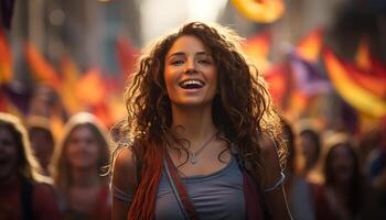 ai generado joven mujer sonriente, disfrutando la vida nocturna, celebrando con amigos generado por ai foto