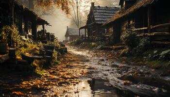 AI generated Abandoned hut in old forest, spooky autumn scene generated by AI photo