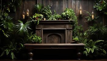 AI generated Rustic table with green plant, candle, and brick generated by AI photo