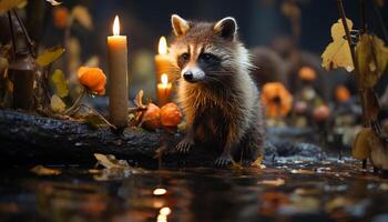 AI generated Cute raccoon looking at you in autumn generated by AI photo