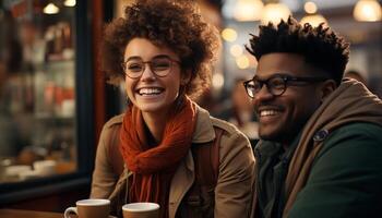 ai generado sonriente adultos disfrutando café en un acogedor café tienda generado por ai foto