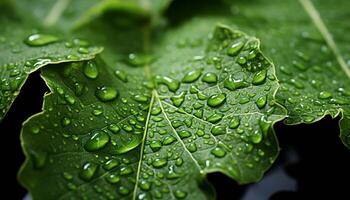 AI generated Freshness of nature, wet leaf reflects vibrant green generated by AI photo