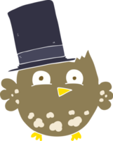 flat color illustration of a cartoon little owl with top hat png