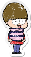 bedrövad klistermärke av en glad tecknad pojke som håller böcker png