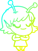 dibujo de línea de gradiente frío dibujos animados de niña alienígena sonriente png