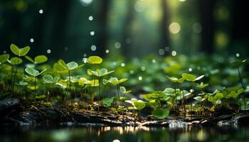 AI generated Green leaves reflect sunlight, creating a tranquil scene generated by AI photo