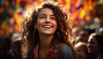 ai generado sonriente joven mujer disfrutando al aire libre con despreocupado la risa generado por ai foto