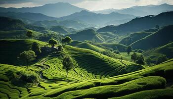 AI generated Tranquil scene of rice paddy in mountain range generated by AI photo