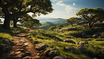 ai generado verde montaña paisaje con árbol y excursionismo camino generado por ai foto