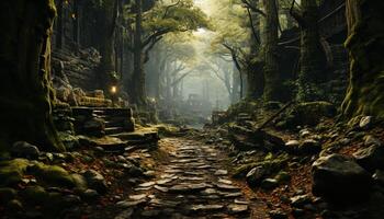 AI generated Mysterious fog blankets ancient forest, revealing hidden beauty generated by AI photo