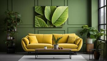 AI generated Comfortable sofa in modern living room with plant generated by AI photo
