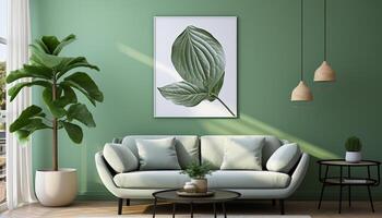 AI generated Modern living room with comfortable sofa and plant generated by AI photo