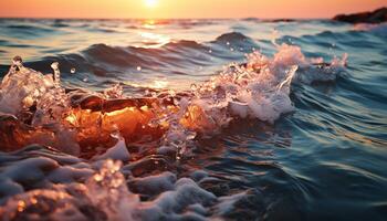 AI generated Sunset wave splashing on tranquil seascape background generated by AI photo