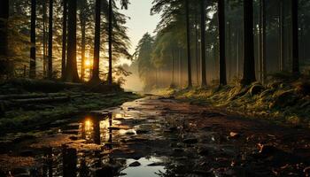 AI generated Tranquil scene of a sunset over a forest generated by AI photo