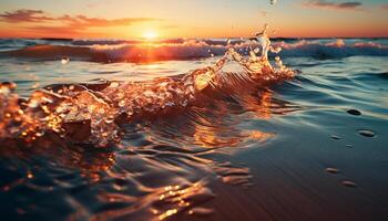 ai generado puesta de sol reflexión en agua, olas salpicaduras en verano generado por ai foto