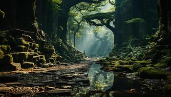 ai generado misterioso bosque, antiguo piedra, tranquilo agua, verde hoja generado por ai foto