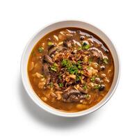 AI generated Turtle soup closeup isolated on white background photo