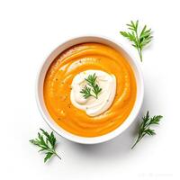 AI generated Carrot soup closeup isolated on white background photo