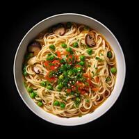 AI generated noodle soup closeup isolated on plain background photo