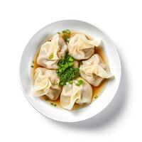 AI generated Wonton soup closeup isolated on white background photo