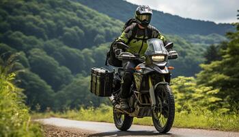 ai generado hombres montando motos en el al aire libre, experimentando el libertad de aventuras generado por ai foto