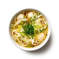 AI generated noodle soup closeup isolated on plain background photo