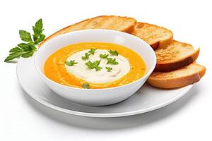 AI generated Carrot soup closeup isolated on white background photo