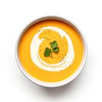 AI generated Carrot soup closeup isolated on white background photo