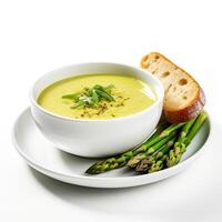 AI generated Asparagus soup closeup isolated on white background photo