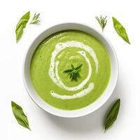 AI generated Asparagus soup closeup isolated on white background photo