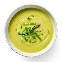 AI generated Asparagus soup closeup isolated on white background photo