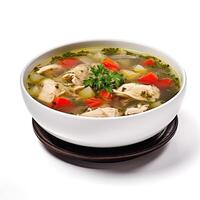 AI generated Chicken soup with vegetables closeup photo