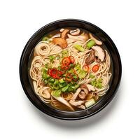 AI generated noodle soup closeup isolated on plain background photo