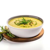 AI generated Asparagus soup closeup isolated on white background photo