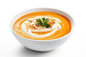 AI generated Carrot soup closeup isolated on white background photo
