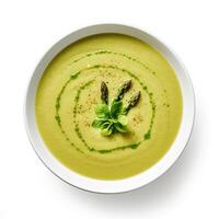 AI generated Asparagus soup closeup isolated on white background photo