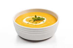 AI generated Carrot soup closeup isolated on white background photo
