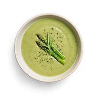 AI generated Asparagus soup closeup isolated on white background photo