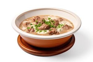 AI generated Beef soup closeup isolated on white background photo